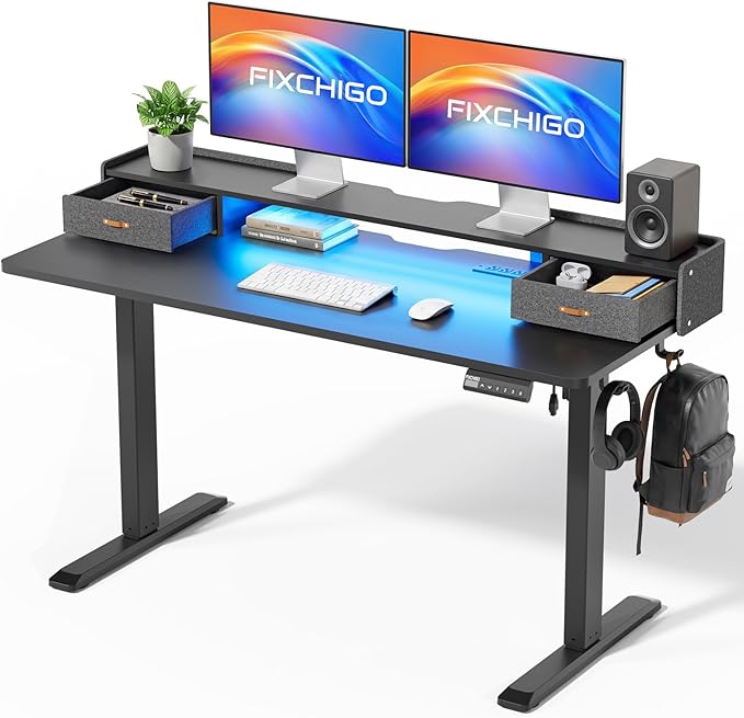 Electric Standing Desk with Drawers, 55 Inch Height Adjustable Desk with Power Outlets & LED Lights, Sit Stand Table with Monitor Stand for Home, Office, Black