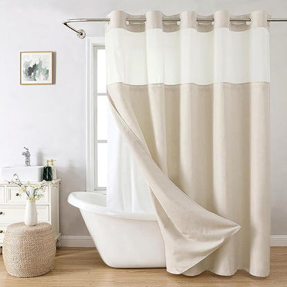 Extra Long No Hooks Needed Linen Textured Shower Curtain with Snap-in Fabric Liner Set,Cream Hotel Luxury Decor Shower Curtains for Bathroom,Waterproof & Washable,71Wx86H