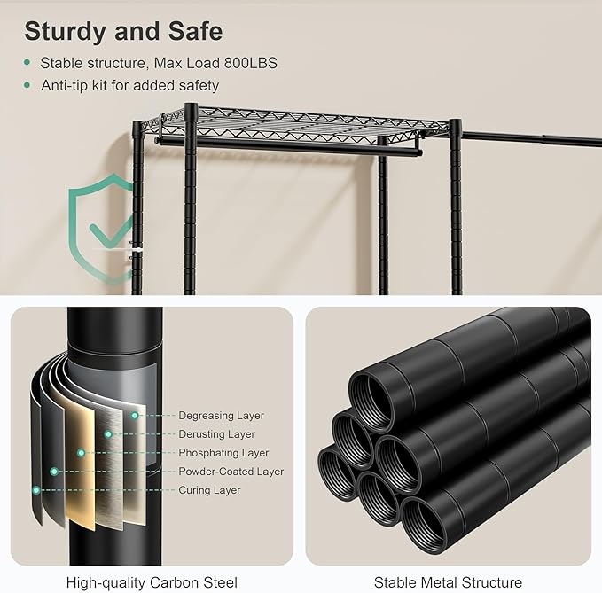 SEMHOR E01 Expandable Heavy Duty Clothes Rack, Free Standing Closet System Organizer, Adjustable Portable Carbon Steel Garment & Clothing Racks for Hanging Clothes (72.5-96"), 800LBS Max Load, Black
