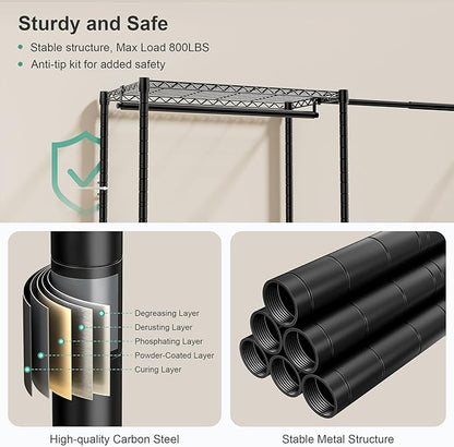 SEMHOR E01 Expandable Heavy Duty Clothes Rack, Free Standing Closet System Organizer, Adjustable Portable Carbon Steel Garment & Clothing Racks for Hanging Clothes (72.5-96"), 800LBS Max Load, Black