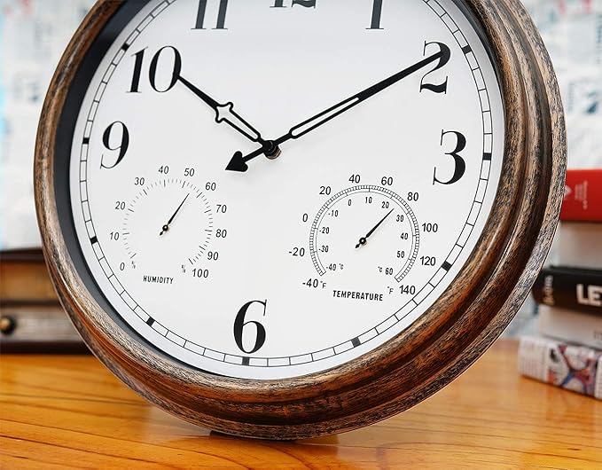 Rsobl 16 Inch Large Indoor Outdoor Wall Clock,Waterproof Non-Ticking Clock with Thermometer and Hygrometer Combo,Battery Operated Clock Wall Decorative-Bronze