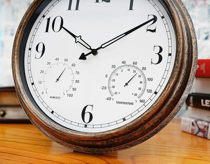 Rsobl 16 Inch Large Indoor Outdoor Wall Clock,Waterproof Non-Ticking Clock with Thermometer and Hygrometer Combo,Battery Operated Clock Wall Decorative-Bronze
