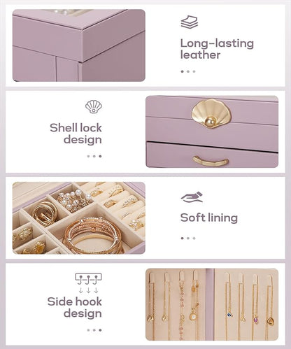 Jewelry Box with 3 Drawers: Display Organizer for Earrings Necklaces - Gifts for Girls Women (Grey Purple)
