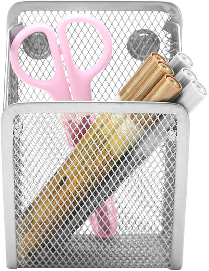 Magnetic Pencil Holder,Mesh Stainless Steel Pen Basket, Metal Writing Utensil Storage Organizer for Whiteboard,Blackboard,Kitchen, Locker, Home, or Office