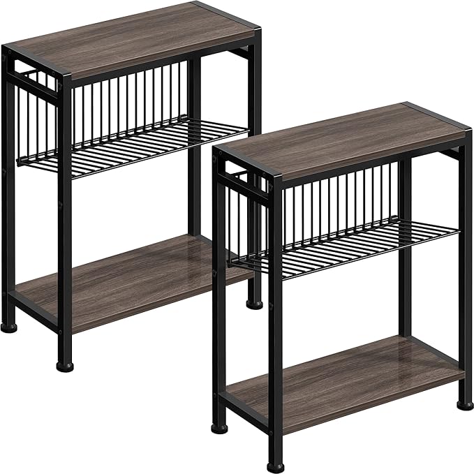 Small Side Table Set of 2 - 3-Tier Narrow End Table with Magazine Holder, Skinny Snack Couch Table for Living Room, Bedroom, Study and Balcony (Ash Brown)
