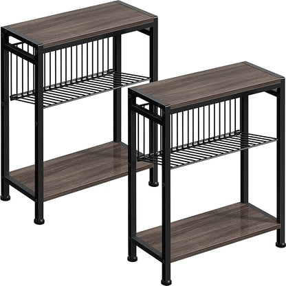 Small Side Table Set of 2 - 3-Tier Narrow End Table with Magazine Holder, Skinny Snack Couch Table for Living Room, Bedroom, Study and Balcony (Ash Brown)