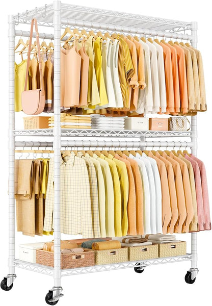P5 Plus Rolling Clothes Rack Heavy Duty, Clothing Racks for Hanging Clothes, Metal Garment Rack with Wheels, 3-Tier Portable Closet Rack 45'' W × 20.5'' D × 80.5'' H, Max Load 660 Lbs, White
