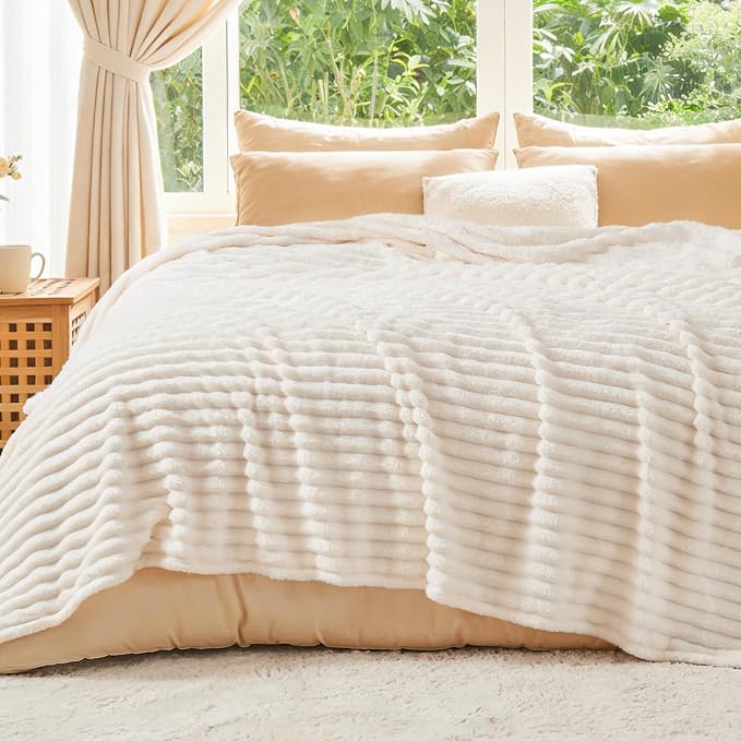 BEDELITE Full Size Blanket for Bed, 300GSM Soft & Warm Fleece Cream White Blanket, Decorative and Giftable Striped Blankets for Women, Men, 84"x90"