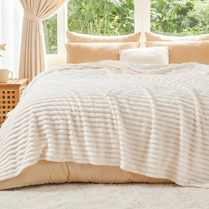 BEDELITE Full Size Blanket for Bed, 300GSM Soft & Warm Fleece Cream White Blanket, Decorative and Giftable Striped Blankets for Women, Men, 84"x90"
