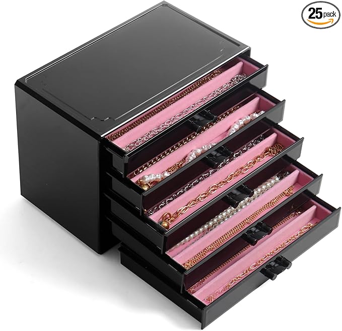 YUFONG Necklace Holder Organizer, Dustproof Necklace Box Velvet Necklace Organizer Box with Lid Clear Acrylic Dustproof Stackable Jewelry Displays for Necklaces Chain Display (Black Pink, 5 Drawer)