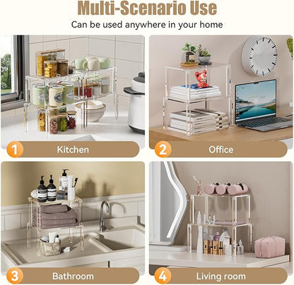 YUNEASELF Clear Cabinet Organizer: Acrylic Shelf Riser Set of 4 for Kitchen Pantry Organizers and Storage - Countertop Spice Rack for Cabinet - Stackable Display Shelf Decor for Gift