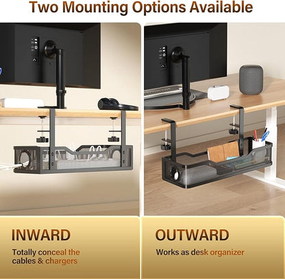 [Upgraded] 2 Pack Under Desk Cable Management Tray, Cinati Cord Organizers for Table Thickness up to 3", 16" Wire Organization with Clamp No Drill, Cable Management Box for Office - No Damage to Desk