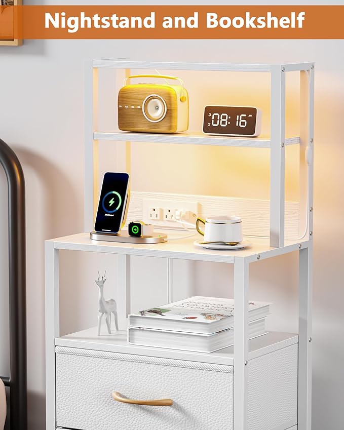 Furnulem Night Stand, White Bedside Nightstand with 4-Tier Shelves and 3 Fabric Drawers, LED Bed Side Tables with Charging Station, Tall Dresser for Bedroom, Hallway, Office