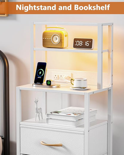 Furnulem Night Stand, White Bedside Nightstand with 4-Tier Shelves and 3 Fabric Drawers, LED Bed Side Tables with Charging Station, Tall Dresser for Bedroom, Hallway, Office