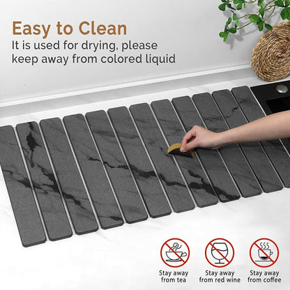 Extra Large Stone Dish Drying Mat for Kitchen Counter, Quick Dry Stone Dishes Mats, Foldable Water Absorbing Diatomaceous Drying Pad for Countertop Bottles Utensils Cups Bathroom(Dark Gray 32"×16"）