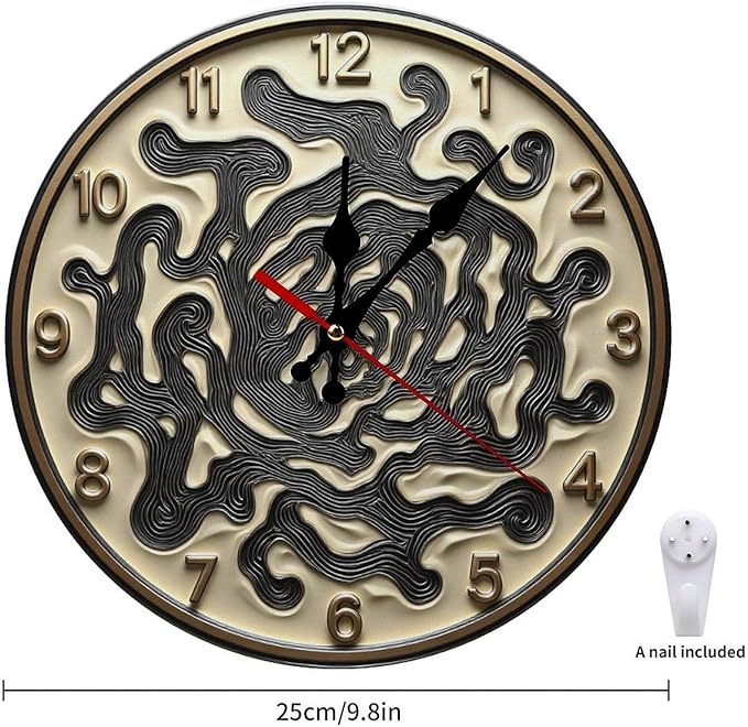 Wall Clock, Abstract Non Ticking Wall Clocks Battery Operated, Golden Wooden Wall Clocks for Kitchen, Living Room, Bedroom, Office, Bathroom Decorative 10 Inch