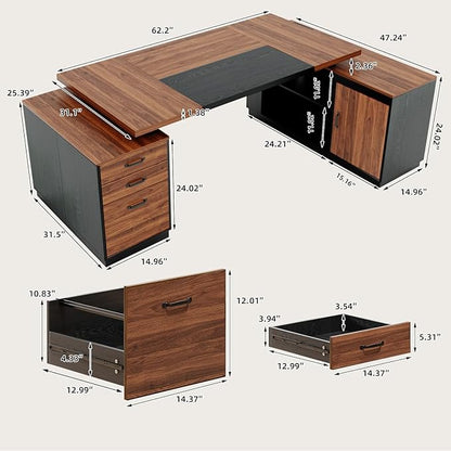 L-Shaped Executive Desk with Drawers, 78-Inch Large Home Office Desk with Power Outlet and Lateral File Cabinet, Modern Computer Table with Open Shelf and Storage Cabinet for Home, Brown Black