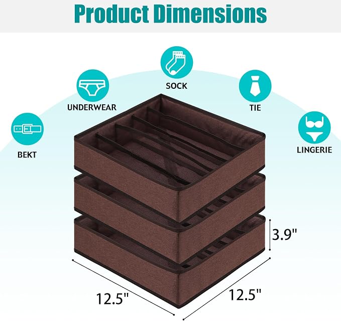 Bra Storage Drawers Organizer for Clothing Underwear Drawer Organizer Dividers Foldable Storage Cube Bins for Bra,Socks, Underwear,3 Pack （Coffee）