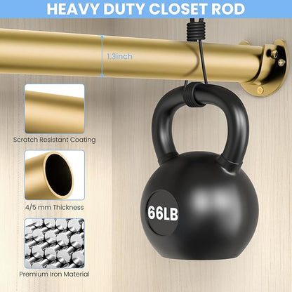 Closet Rods for Hanging Clothes, 17 to 28 Inch Heavy Duty Stepless Adjustable Closet Hanging Rod, 1.3 Inch Diameter Metal Closet Rod for Wardrobes Laundry Bedroom RV, Gold