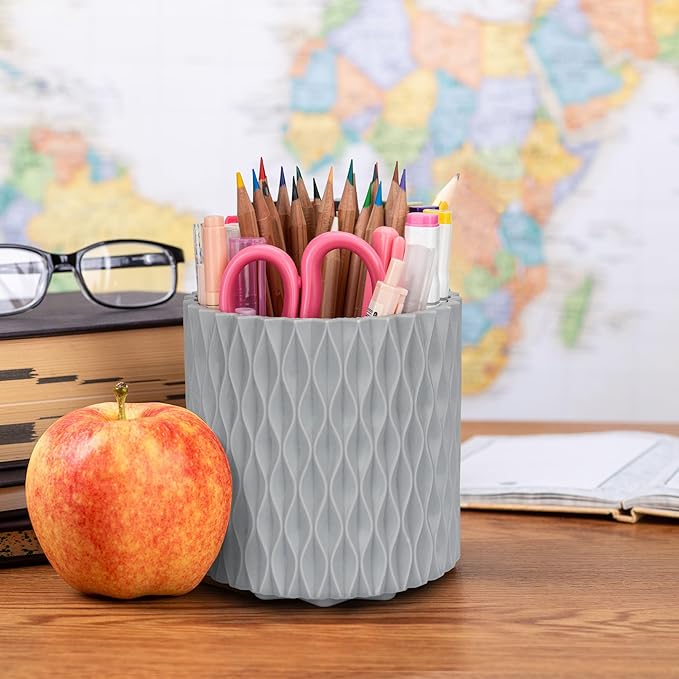 Pencil Holder - 360° Rotation, 5 Slot Desk Supplies For Women Office Aesthetic. Pencil Holder For Office&School, Desk Accessories(Grey)