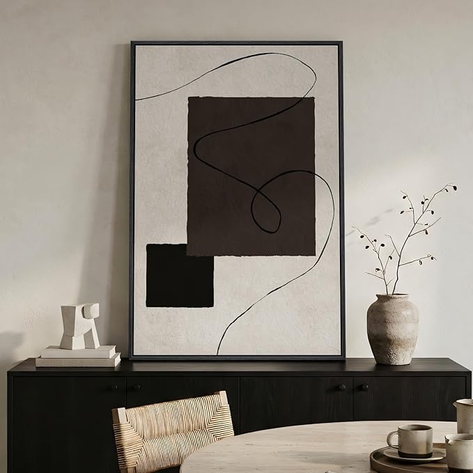 Framed Neutral Abstract Wall Art, Modern Black and Beige Canvas Prints Paintings Artwork for Walls, Contemporary Minimalist Geometric Shape Line Pictures for Dining Bedroom Hallway Wall Decor 24x36 In