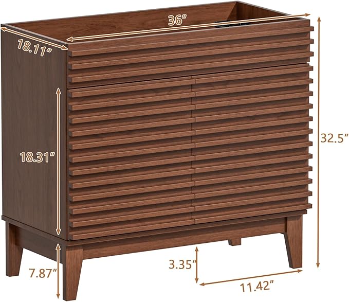 ROOMTEC 36" Bathroom Vanity, Mid-Century Freestanding Bathroom Cabinet Vanity with Storage, Particleboard Frame with Wood Grain Laminate, Walnut (Sink Basin Not Included)