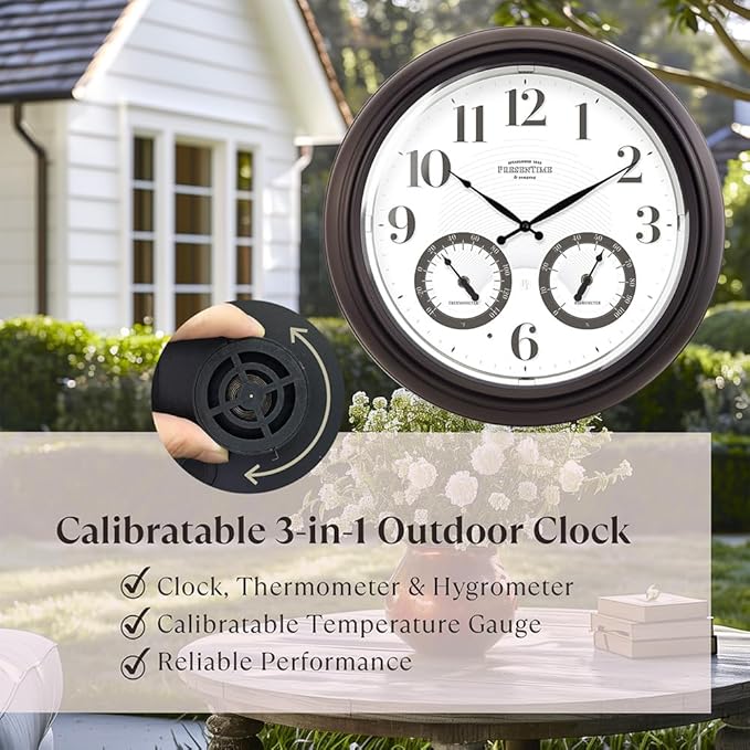 Presentime & Co 18" Illuminated in/Outdoor Clock with Smart Sensor and Night Light, Waterproof, Large Wall Clock with Thermometer & Hygrometer, for Garden and Patio - Oil Rubbed Bronze