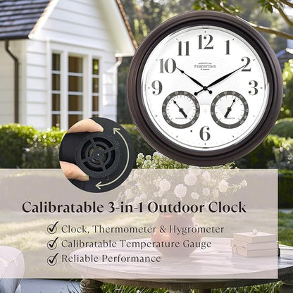 Presentime & Co 18" Illuminated in/Outdoor Clock with Smart Sensor and Night Light, Waterproof, Large Wall Clock with Thermometer & Hygrometer, for Garden and Patio - Oil Rubbed Bronze