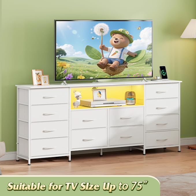 WLIVE White Dresser for Bedroom, Dresser TV Stand for 65, 70, 75 inch TV with Led Lights & Charging Station, Fabric Chest of Drawers with Open Shelves, 12 Drawer Dressers for Closet, Living Room