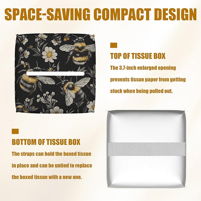 Honeybee White Daisy Tissue Box Cover 2PCS, Leather Tissue Box Holder Square Facial Paper Case Tissue Box Cube Organizer for Bathroom Bedroom Desk Office