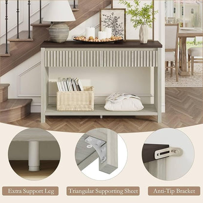 BON AUGURE Entryway Table with Storage, 47In Console Table with 2 Drawers, Two-Tier Sofa Console Tables for Living Room, Modern Hallway Tables, Walnut and Washed Grey Oak