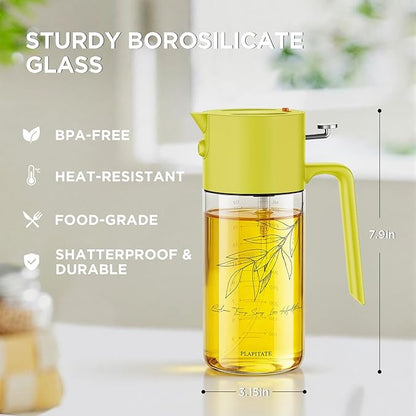 17oz/500ml Premium Olive Oil Sprayer for Cooking, 2 in 1 Glass Olive Oil Dispenser Bottle for Kitchen Gadgets, Spray Bottle with Portion Control for Salad, Frying, BBQ (Lime Yellow)