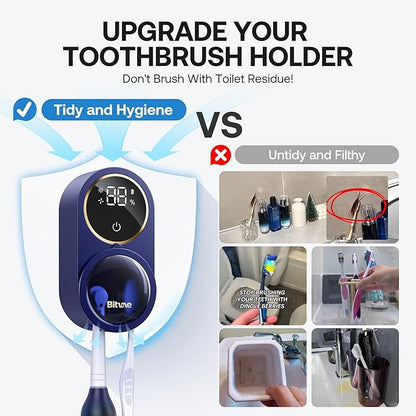 Bitvae Upgraded Tooth Brush Holder for Bathroom 2.0, Infrared Sensing Toothbrush Cleaner, Wall-Mounted for Most Size Toothbrushes, Air Drying, LED Smart Screen, Navy Blue