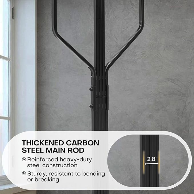 Coat Rack Freestanding with 10 Hooks, Metal Coat Rack Stand, Heavy Duty Standing Coat Tree with Sturdy Round Base for Clothes, Hat, Jacket/Entryway, Hallway, Bedroom, Black