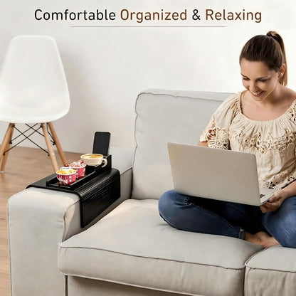 Yoshiky Black Bamboo Couch Armrest Table, Couch Arm Tray with Removable Couch Cup Holder, 2 in 1 Design Foldable Anti-Slip Bamboo Couch Tray and Sofa Cup Holder for Drink