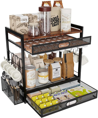 Coffee Bar Organizer Station with CoffeePod Drawer Mug Cup Holder and Tea Condiment Storage for Countertop Organizer CoffeeBar Accessories for Kitchen,Home,Office