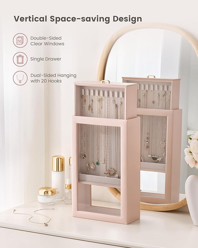 Lolalet Upgraded Double-Sided Hanging Necklace Organizer Box, Jewelry Display Case with Double-Sided Clear Window for Necklaces Bracelets, Tangle-Free Necklace Storage Box, Pink, 1-Layer 20 Hooks
