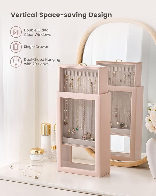 Lolalet Upgraded Double-Sided Hanging Necklace Organizer Box, Jewelry Display Case with Double-Sided Clear Window for Necklaces Bracelets, Tangle-Free Necklace Storage Box, Pink, 1-Layer 20 Hooks