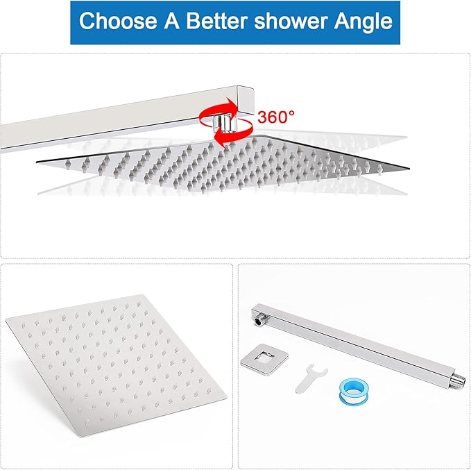 HarJue Shower Head with Extension Arm, High Pressure Square with ShowerArm, Stainless Steel Rainfall -Waterfall Full Body Coverage (10'' Shower with 16'' Arm, Chrome)