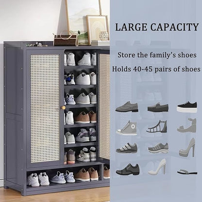 8 Tier Bamboo Shoe Cabinet - Large Capacity Shoe Cabinet with Doors, 40-45 Pairs Shoe Rack, Free Standing Shoe Rack,Entrance for Hallway Living Room (Grey1)