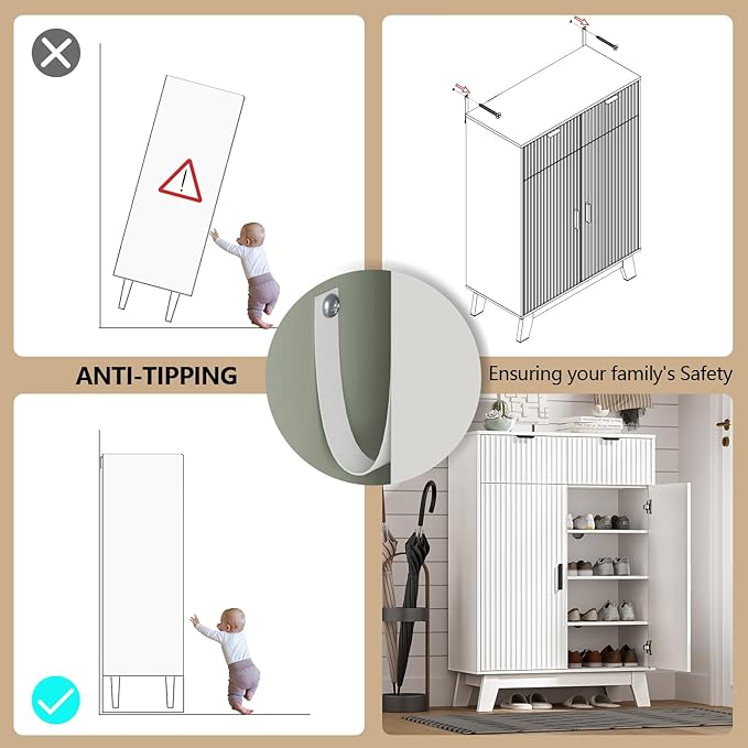 Shoe Cabinet Storage for Entryway, 4 Tier Fluted Shoe Storage Cabinet with 2 Drawers, Narrow Hidden Shoe Organizer with Adjustable Shelves, Freestanding Shoe Rack for Entryway, Hallway, White