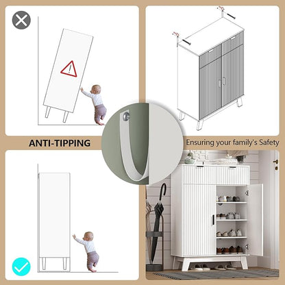 Shoe Cabinet Storage for Entryway, 4 Tier Fluted Shoe Storage Cabinet with 2 Drawers, Narrow Hidden Shoe Organizer with Adjustable Shelves, Freestanding Shoe Rack for Entryway, Hallway, White