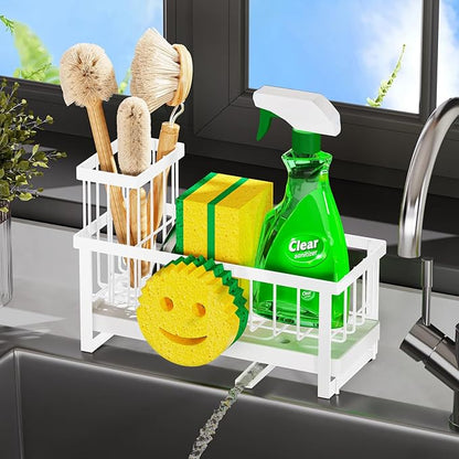 Taugast Sponge Holder for Kitchen Sink,Sink Caddy with Removable Dish Brush Holder,Self-Draining Kitchen Countertop Organizers and Storage Essentials,Soap Dispenser Organize and Home Decor-White