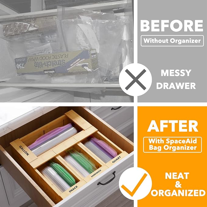 SpaceAid Bag Storage Organizer for Kitchen Drawer, Bamboo Organizer, Compatible with Gallon, Quart, Sandwich and Snack Variety Size Bag (4 Pack), 2.5" High