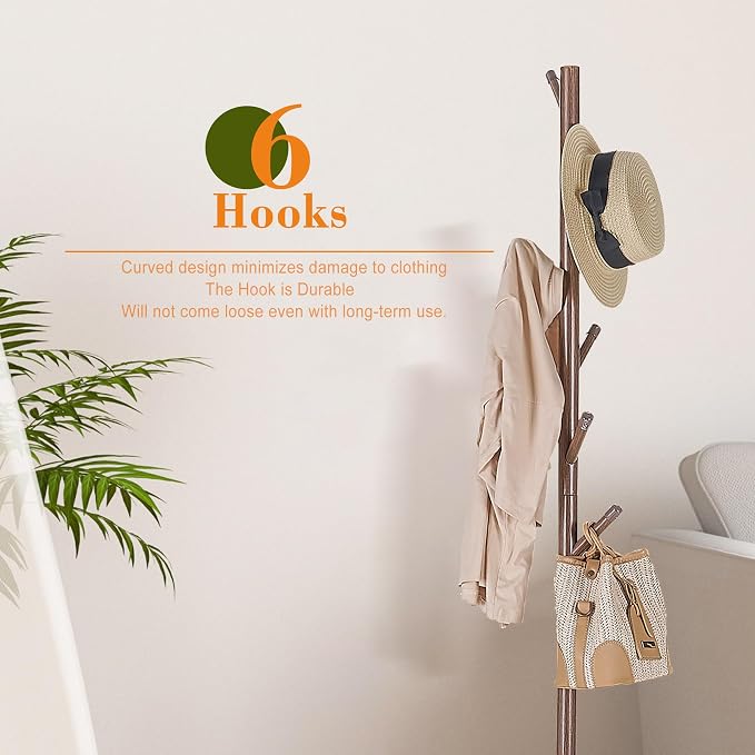 VECELO Coat Rack Freestanding, Entryway Hanger Stand, Umbrella Holder, Hall Tree With Hooks, Floor Standing Tree Stand,Walnut