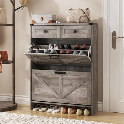 Shoe Cabinet with 2 Flip Drawers & 2 Drawers,Farmhouse Shoe Storage Cabinet for Entryway,Slim Freestanding Narrow Organizer Rack for Front Door Entrance,Grey