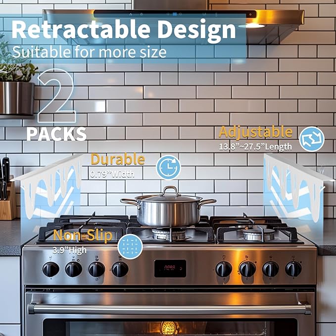 Stainless Steel Stove Counter Gap Cover (2 Pack, White), Stove Gap Guard, Stove Gap Filler for Kitchen, Range Trim Kit, Heat Resistant with Easy Clean, Adjustable Length 13.8” to 27.5”