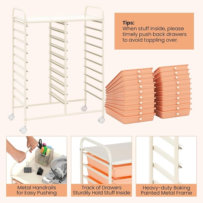 Giantex 20 Drawers Rolling Cart, Mobile Storage Drawer Cart, Classroom Organizer for Office School Supplies Tools Scrapbook Paper Craft Small Printer, Utility Stand on Wheels, Peach