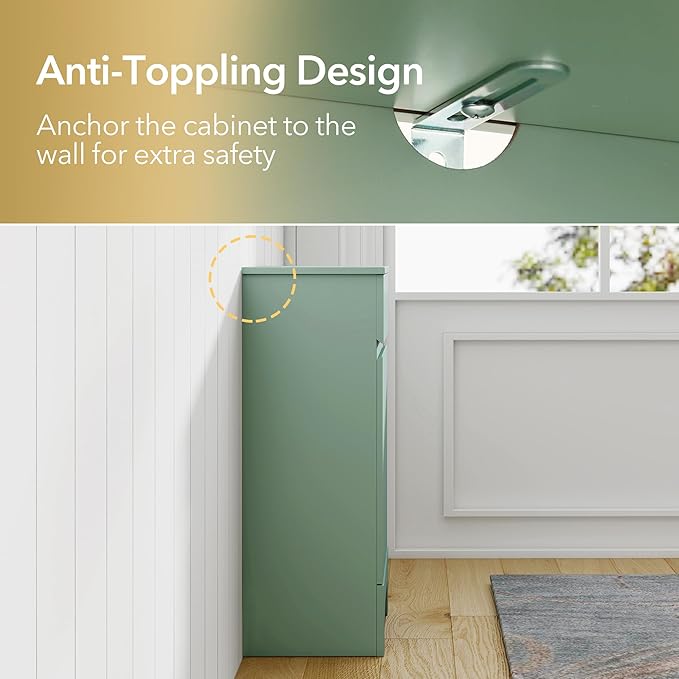 Small Bathroom Cabinet with Adjustable Shelves, Drawer, Anti-Tip Design, 14.96" L x 11.81" W x 32.09" H, Durable MDF for Bathroom, Kitchen, Laundry Storage, Soft-Close Door