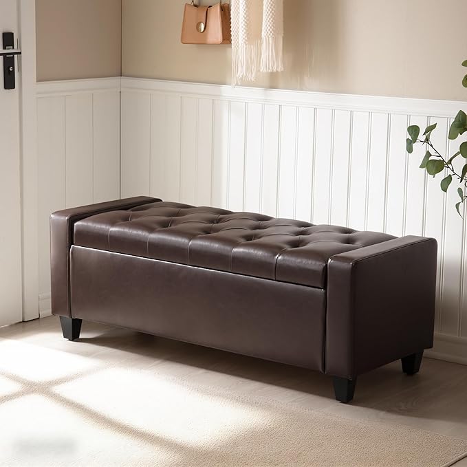 Ottoman with Storage，Storage Ottoman Bench, Faux Leather Storage Bench for Bedroom with Safety Hinge，Bedroom Benches with Seating for Living Room, Entryway (Dark Brown-PU)